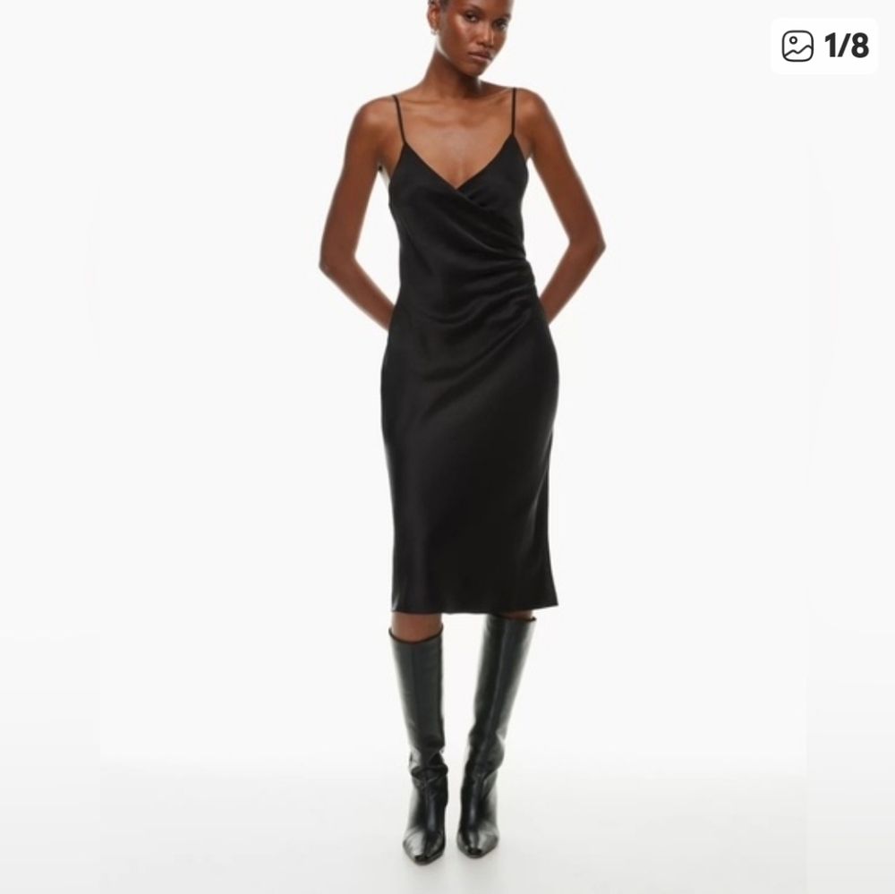NWT Aritzia Wilfred Scenery Faux Wrap Black Satin Midi Slip Dress Size Medium